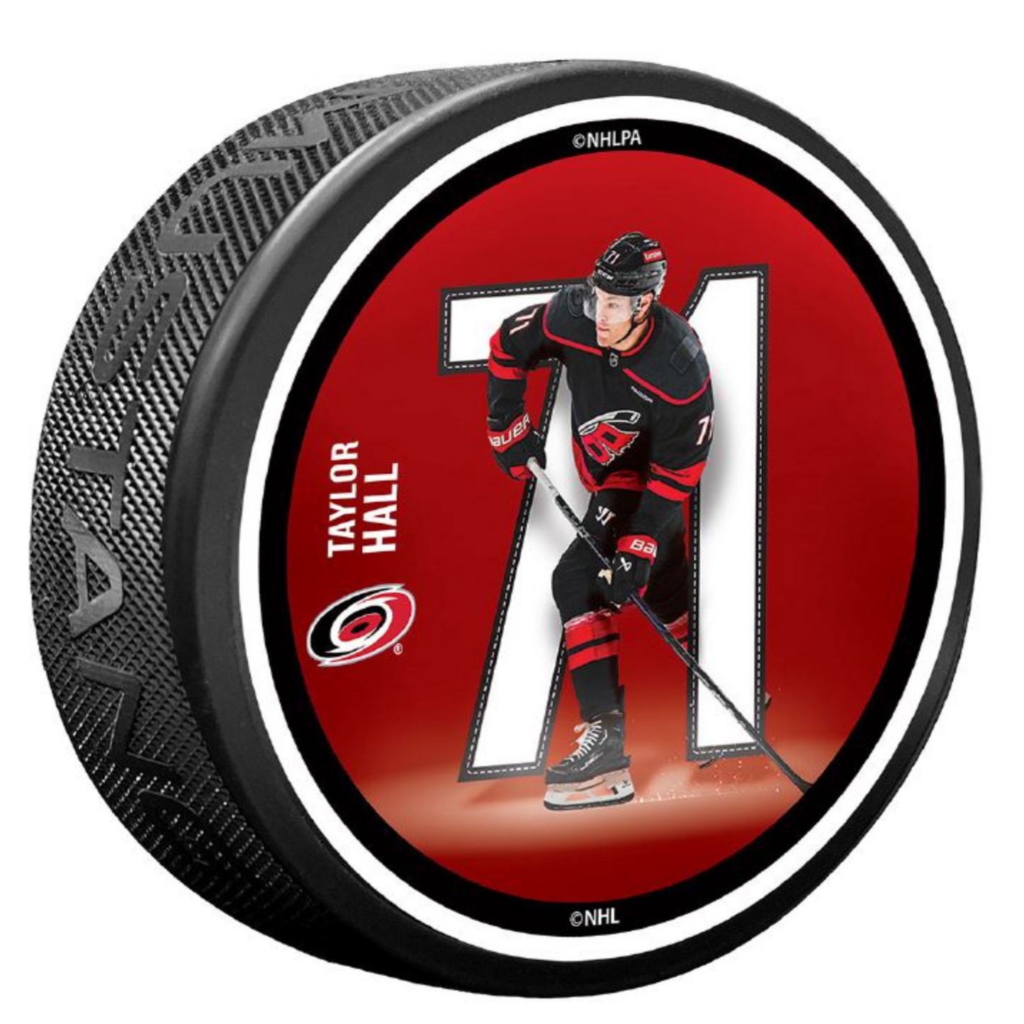 Red puck with picture of Taylor Hall in front of his number 71