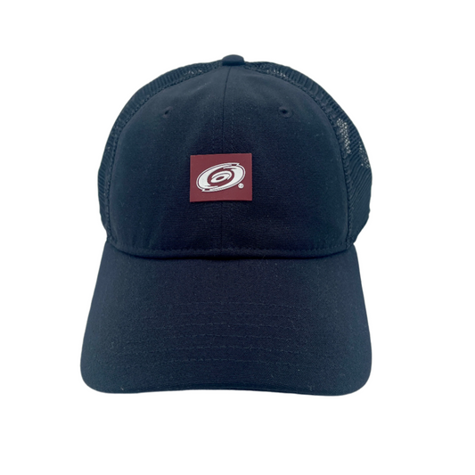 Front: Black hat with maroon patch on front with white Hurricanes primary logo in middle