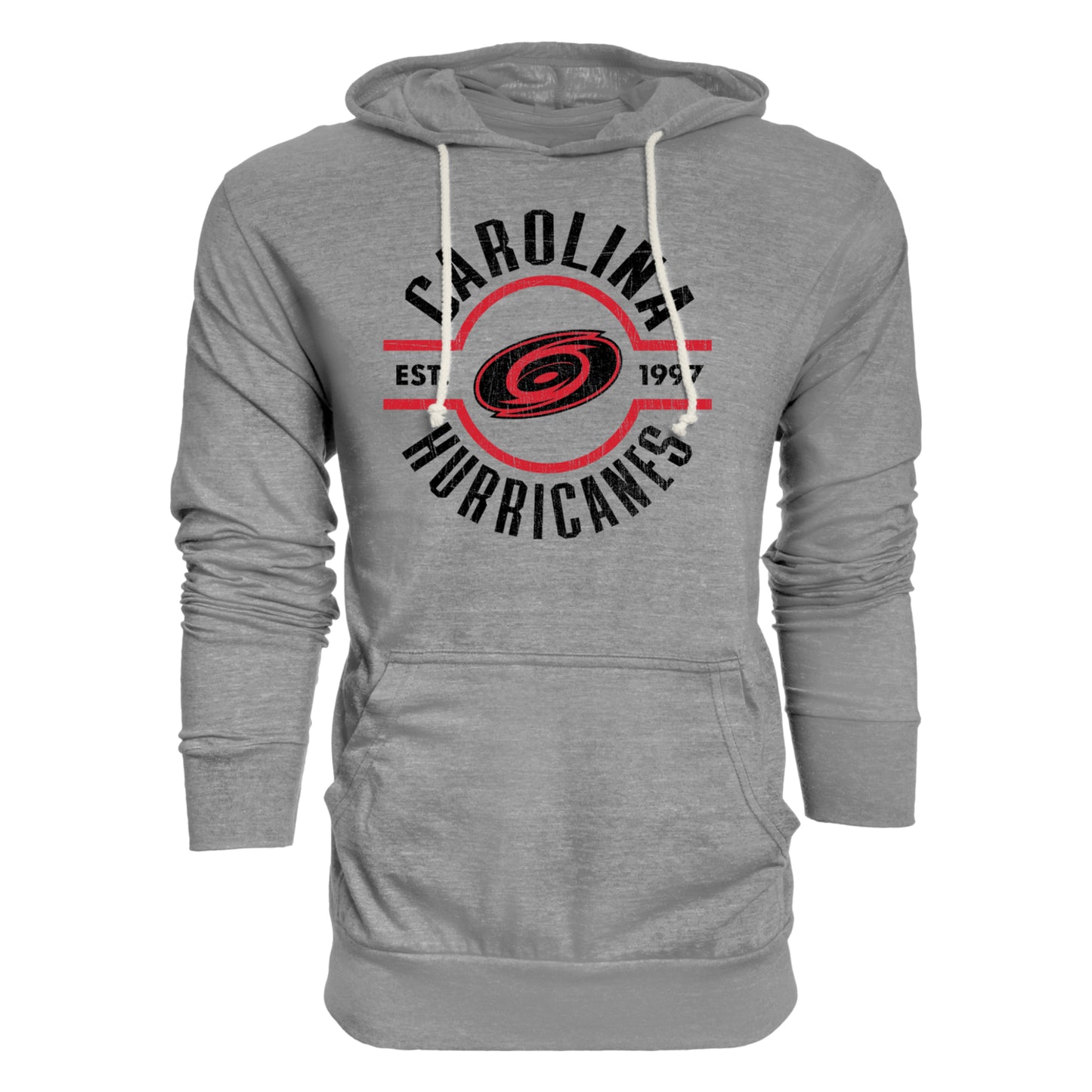 Gray hoodie, white strings, "CAROLINA HURRICANES" in black arched around Tonal logo, "EST. 1997"