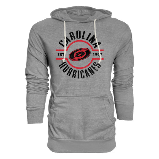 Gray hoodie, white strings, "CAROLINA HURRICANES" in black arched around Tonal logo, "EST. 1997"