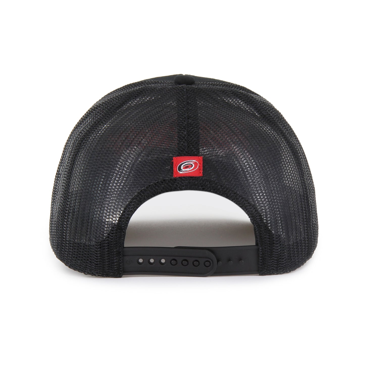 Back: Black meshback with black snapback, red Hurricanes patch above straps