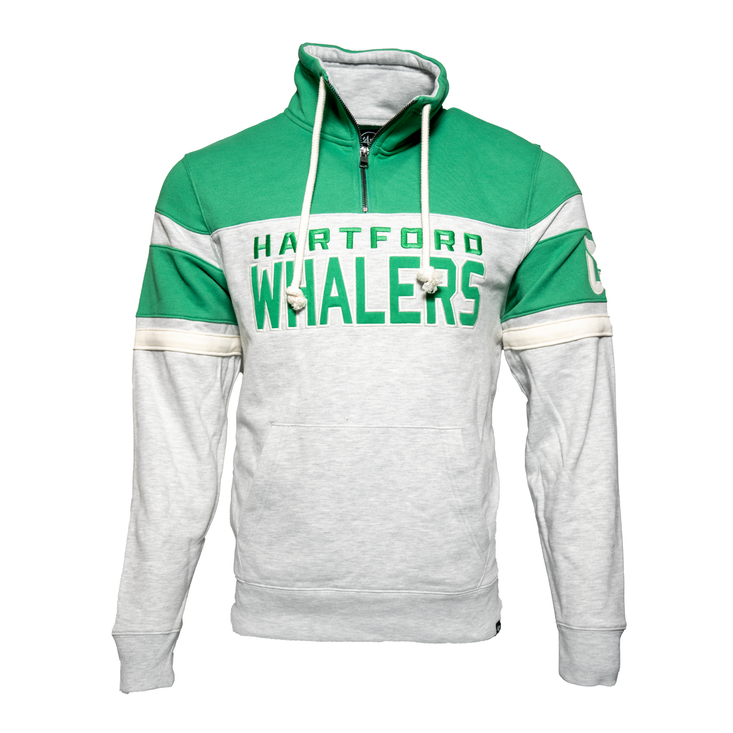 Gray quarter-zip with gray accent, collar with strings, "Hartford Whalers" in green across chest