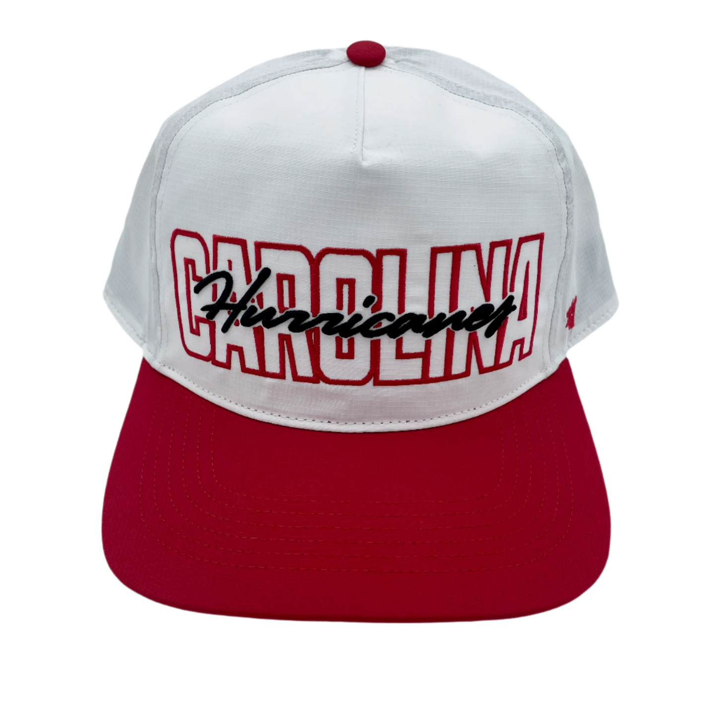 Front: White hat with red brim, Red and black graphic that says Carolina Hurricanes