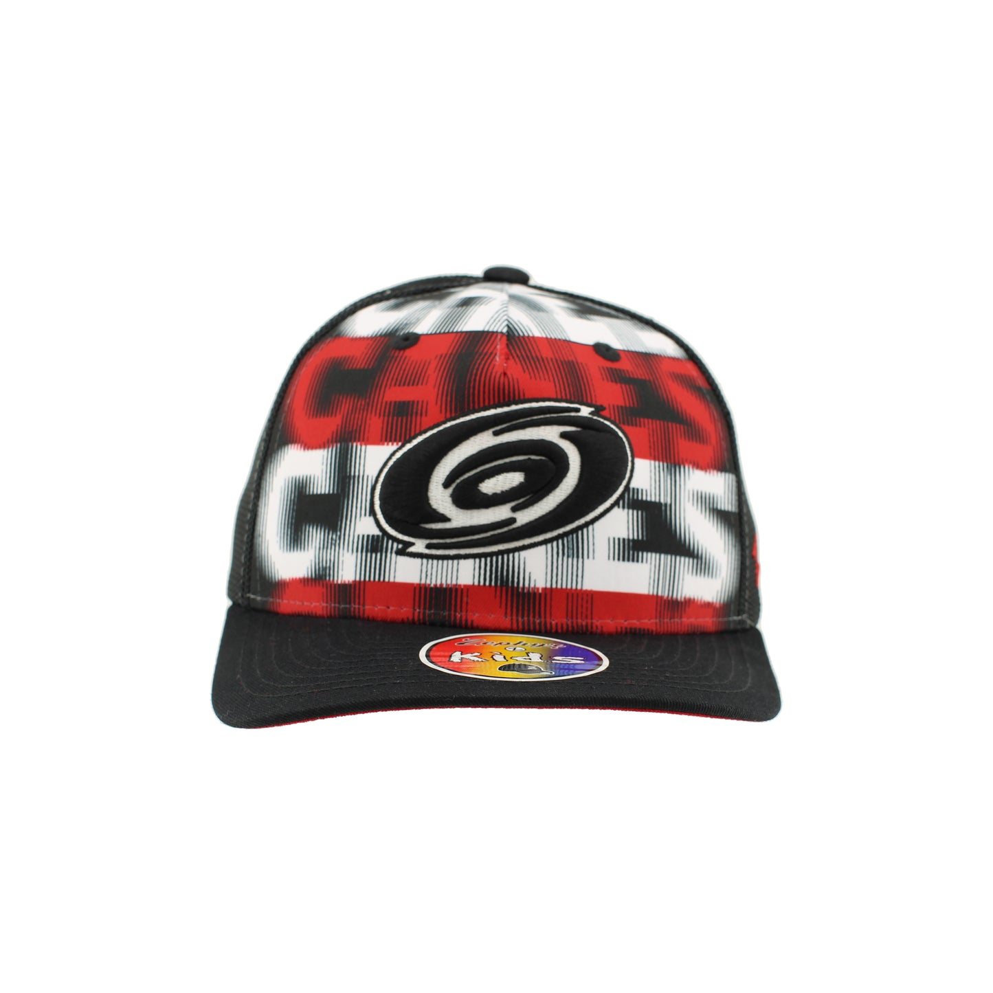 Front: Black hat, says CANES repeating in red and white, black and white Primary logo over text