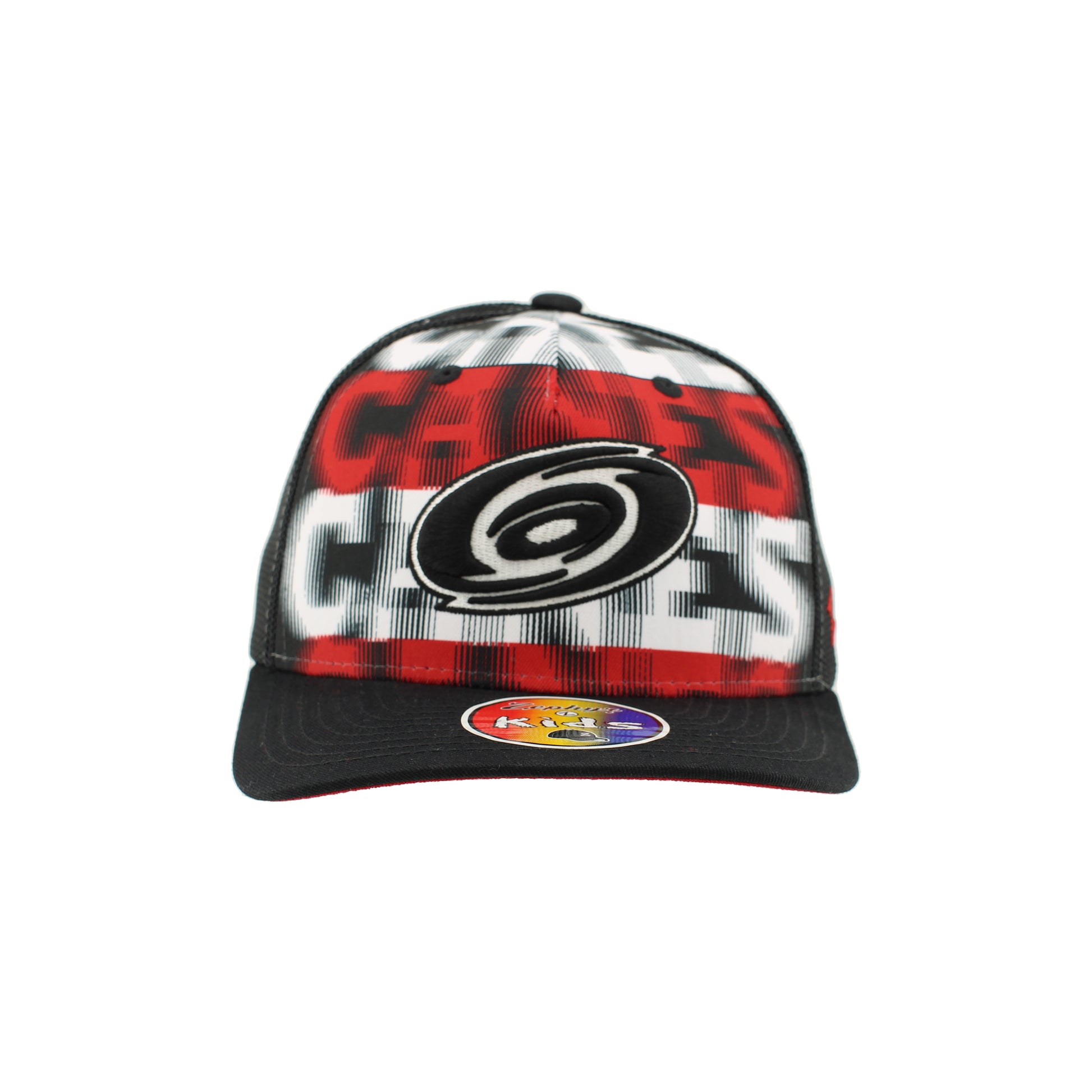 Front: Black hat, says CANES repeating in red and white, black and white Primary logo over text