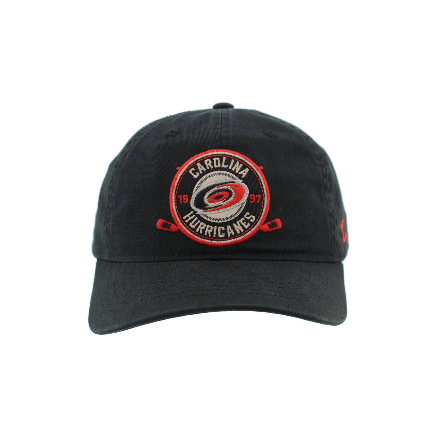 Front: Black hat with circular graphic, says Carolina Hurricanes 1997 with primary logo