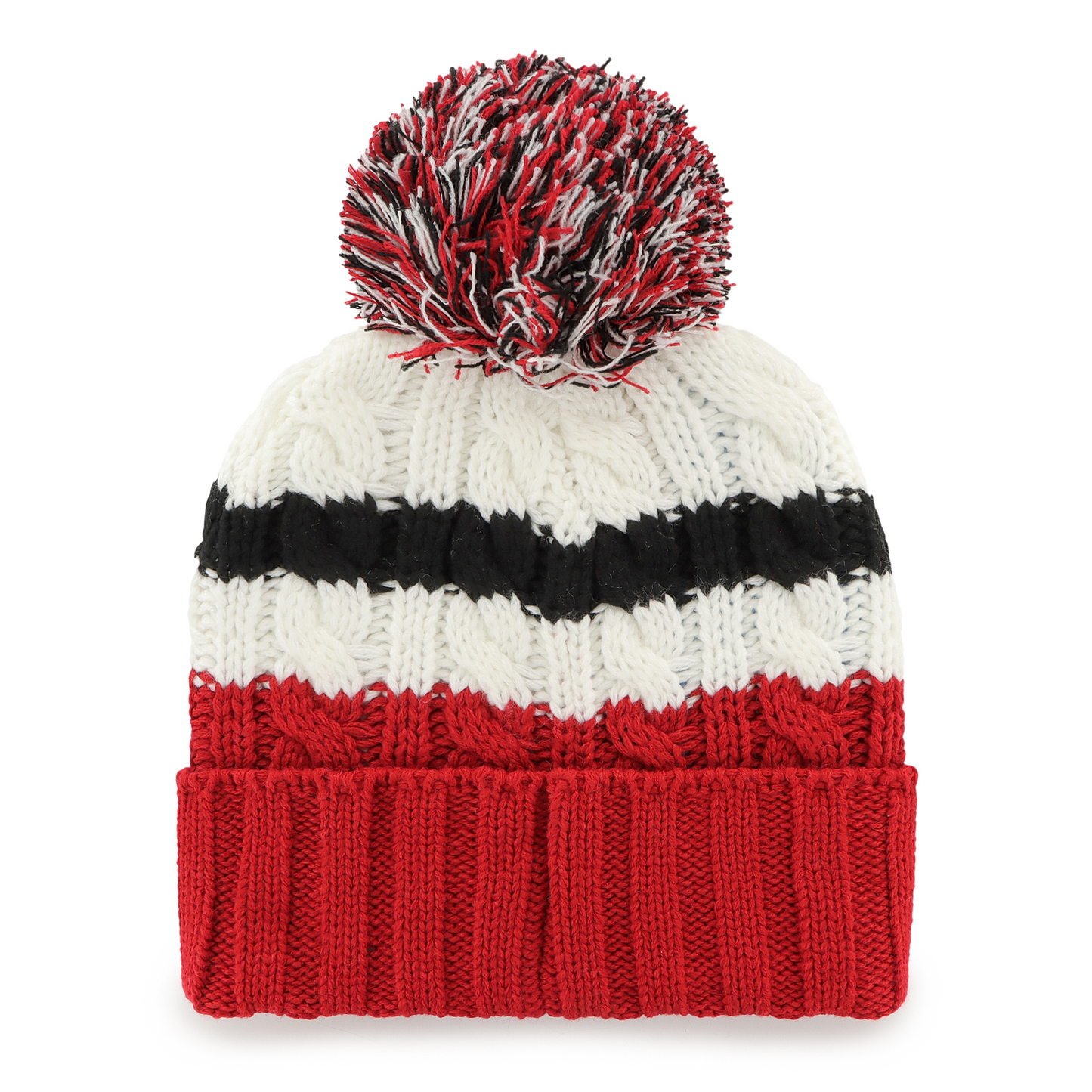 Back: Red, white and black cuffed knit with tri-color pom