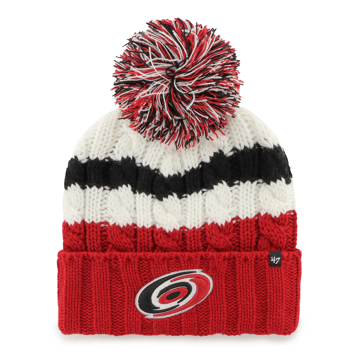 Front: Red white and black cuffed knit with tri-color pom, primary logo on cuff