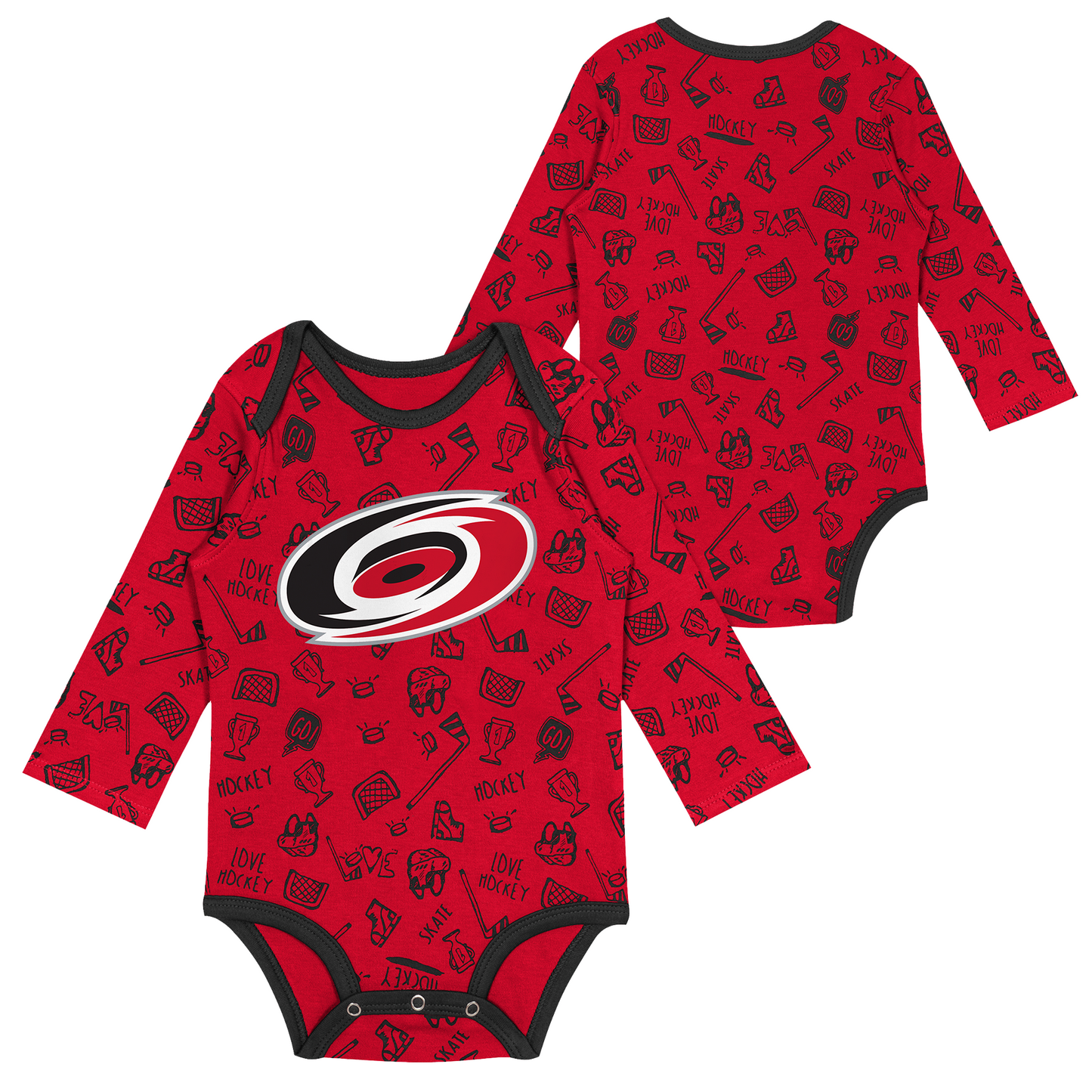 Front/Back: Red onesie with black pattern, black trim, primary logo on front