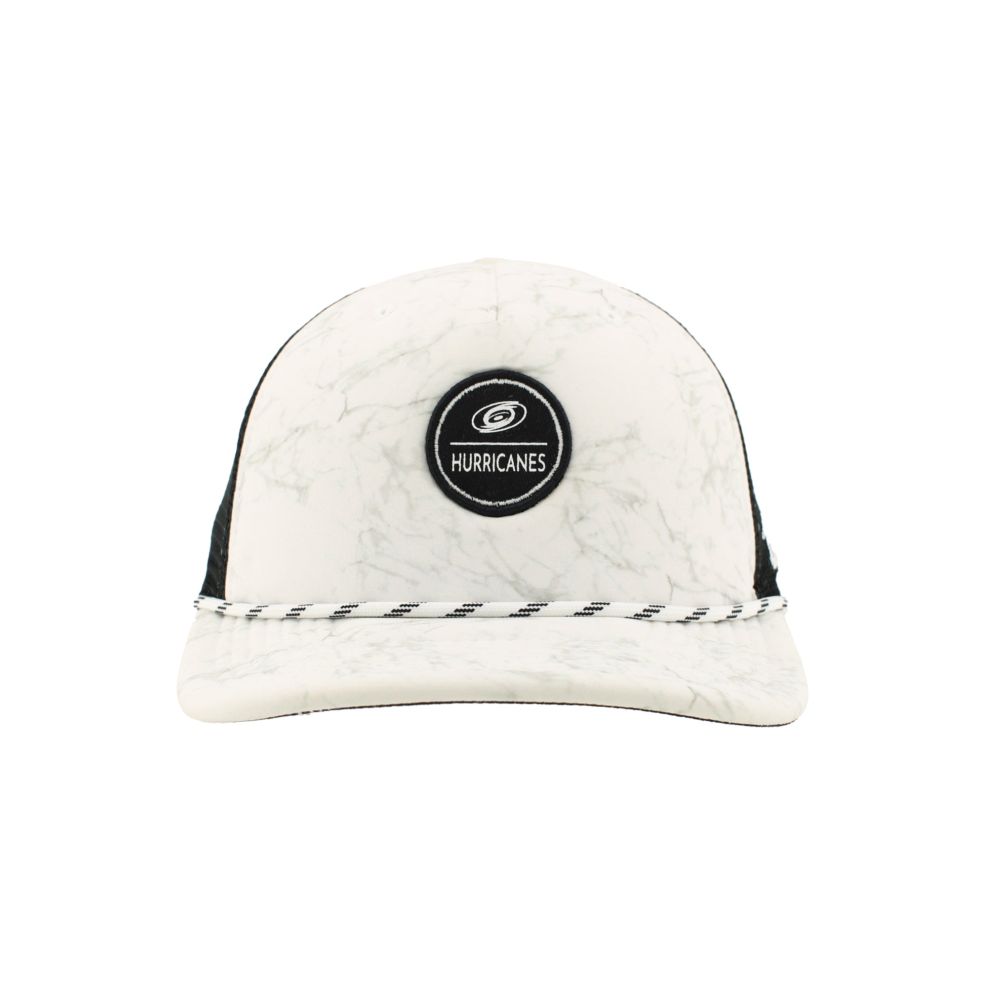 Front: Marble colored hat, circular graphic says Hurricanes with primary logo in black and white