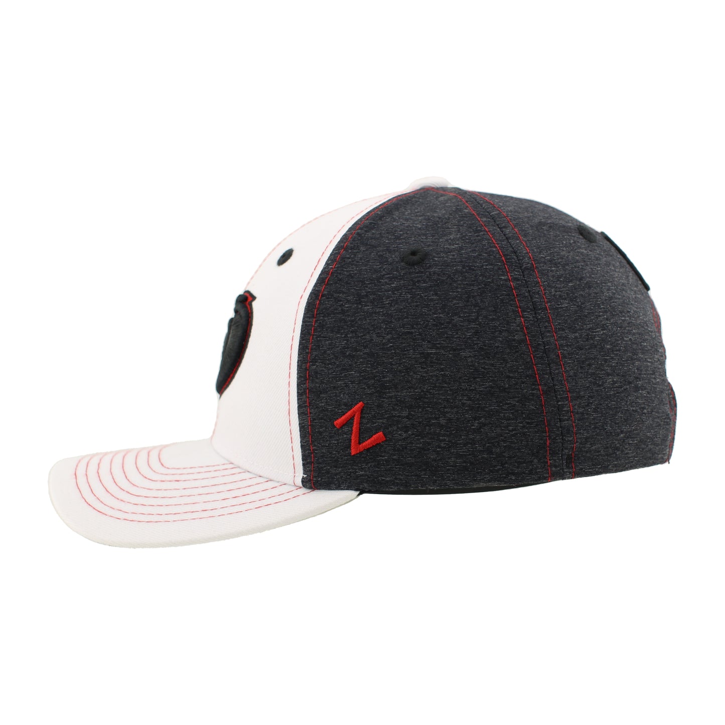 Left: White and gray hat with red "Z" Zephyr logo on side