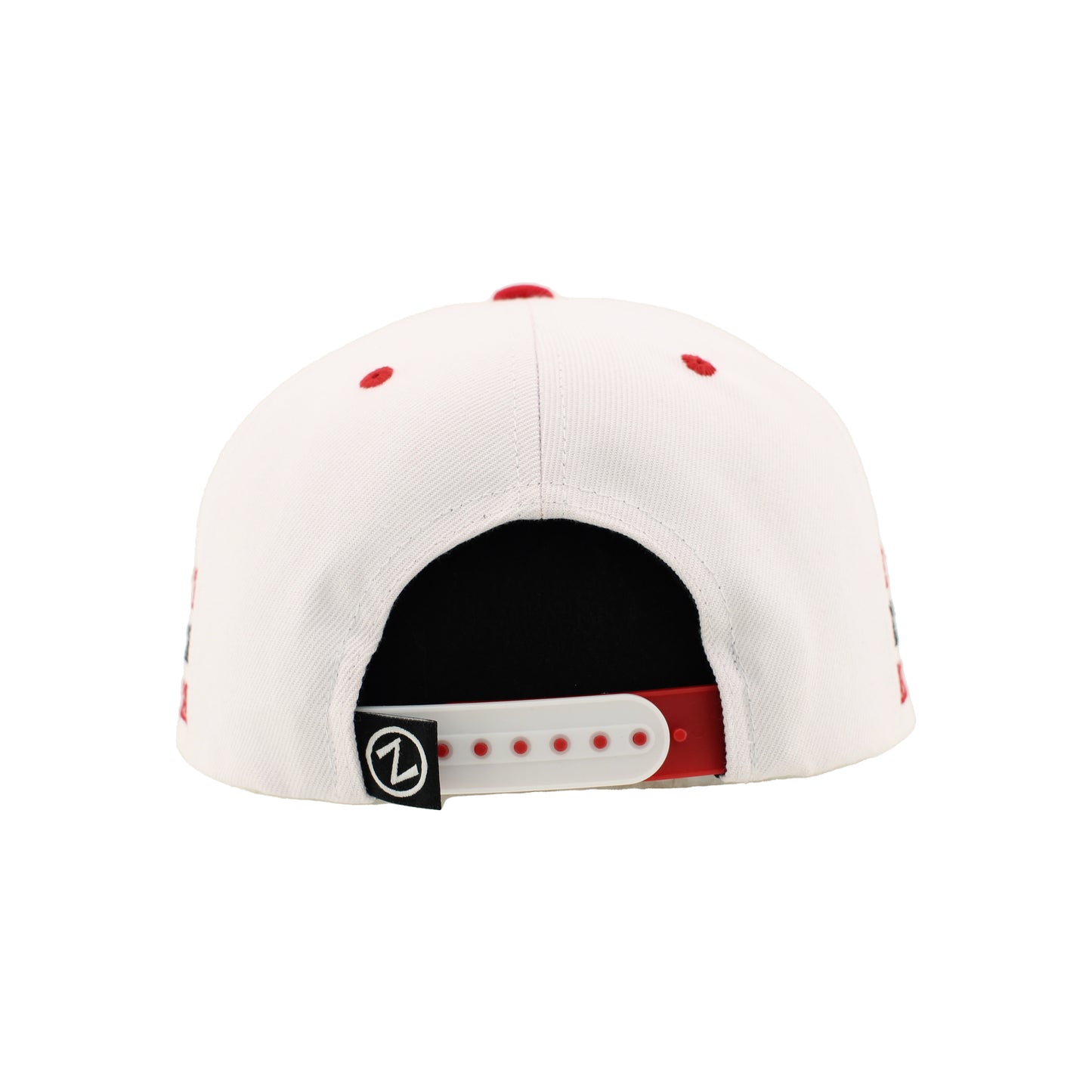 Back: White and red snapback straps, black tag with white Zephyr logo on straps
