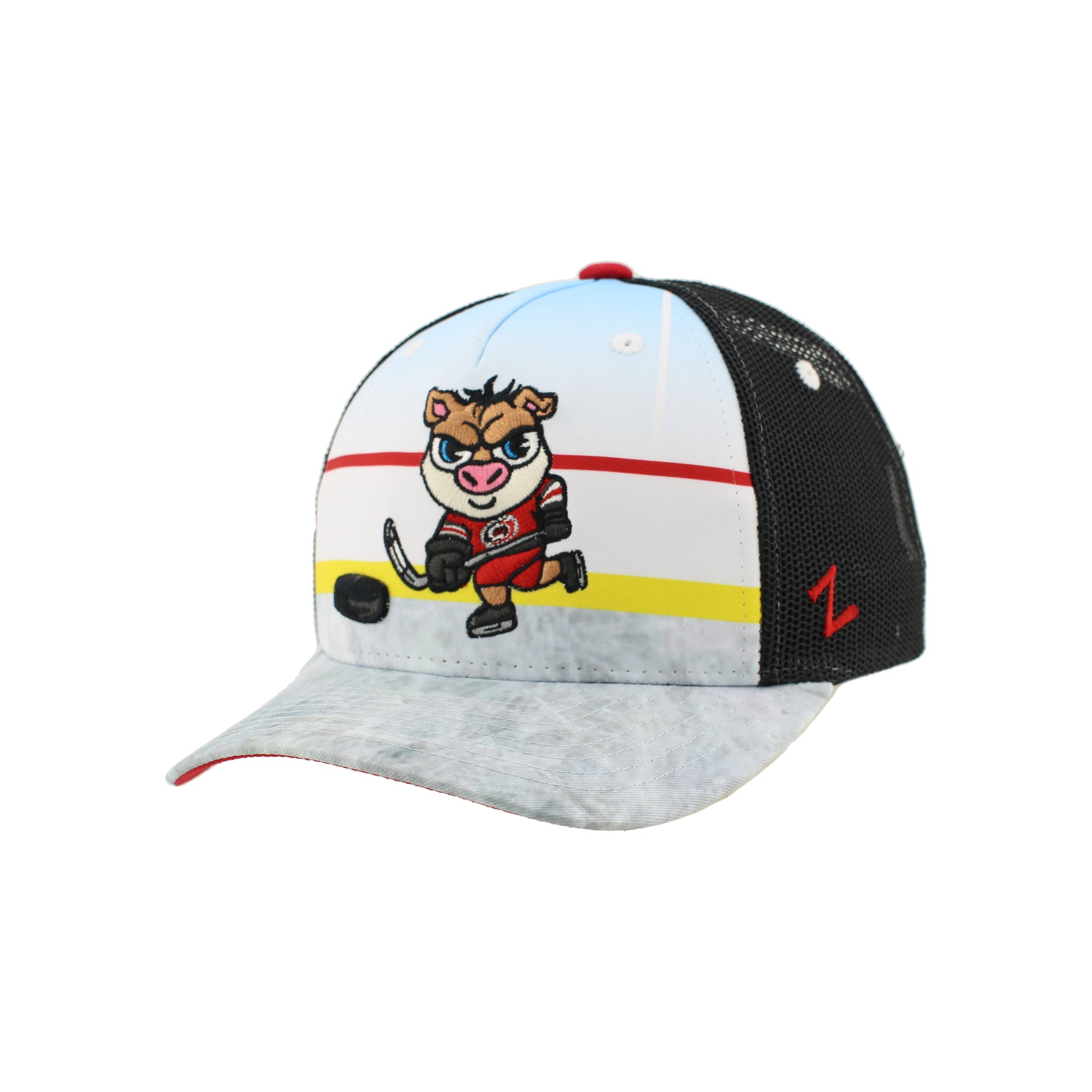 Front: Hat with cartoon Stormy art on front, ice-like design on brim