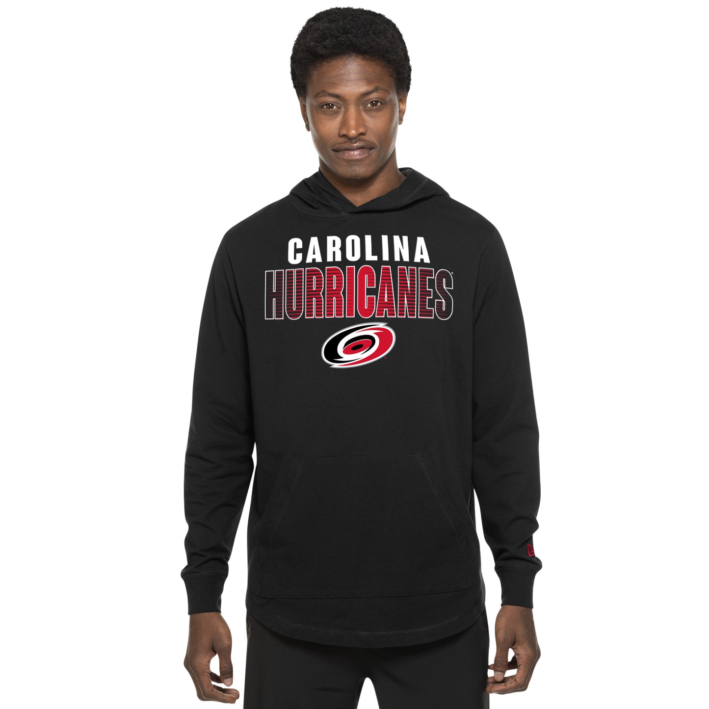 Front: Black hoodie, graphic with "Carolina" in white, "Hurricanes" in red and black with primary logo
