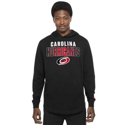 Front: Black hoodie, graphic with "Carolina" in white, "Hurricanes" in red and black with primary logo