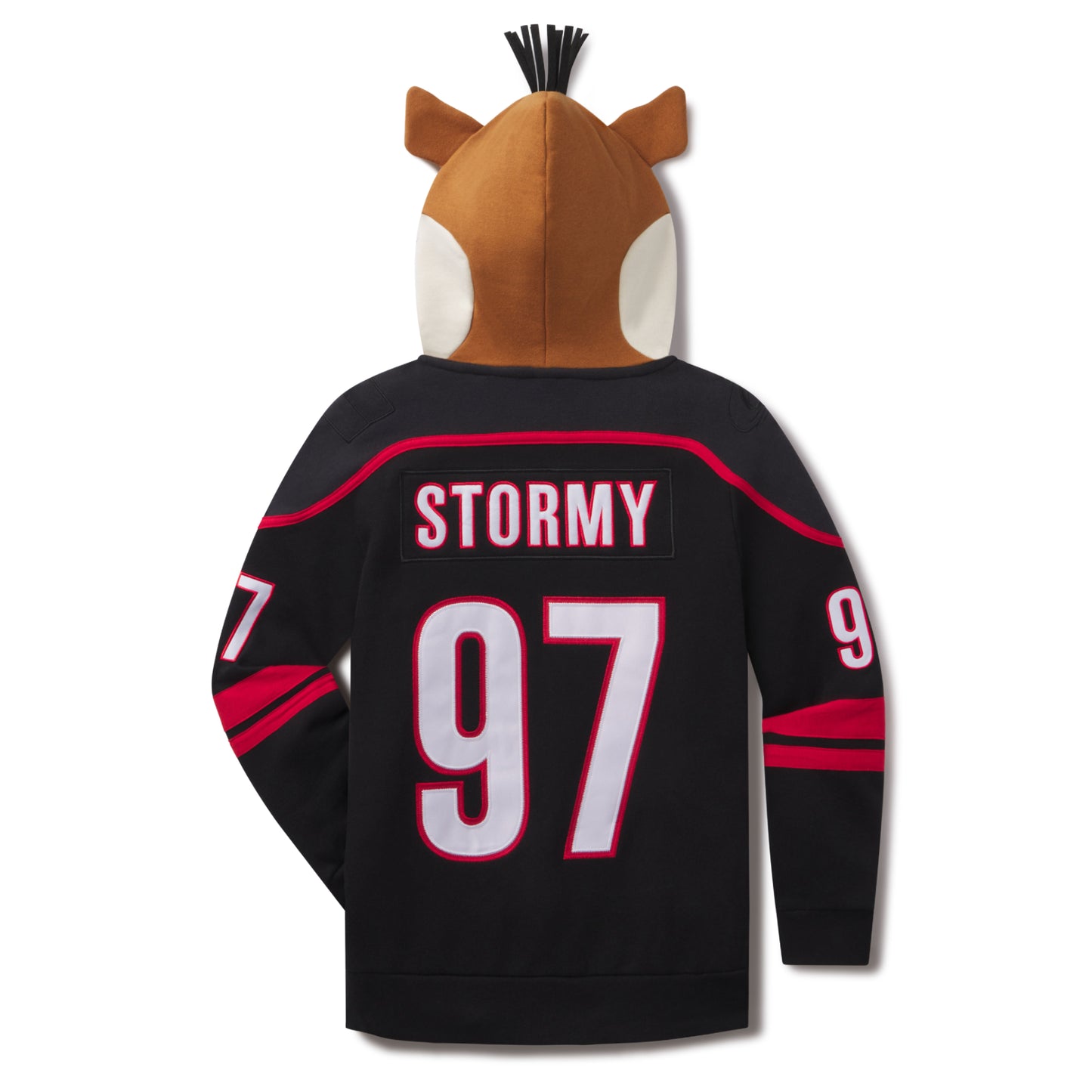 Back: Black hoodie, "STORMY 97" on back, "97" on sleeves in white and red