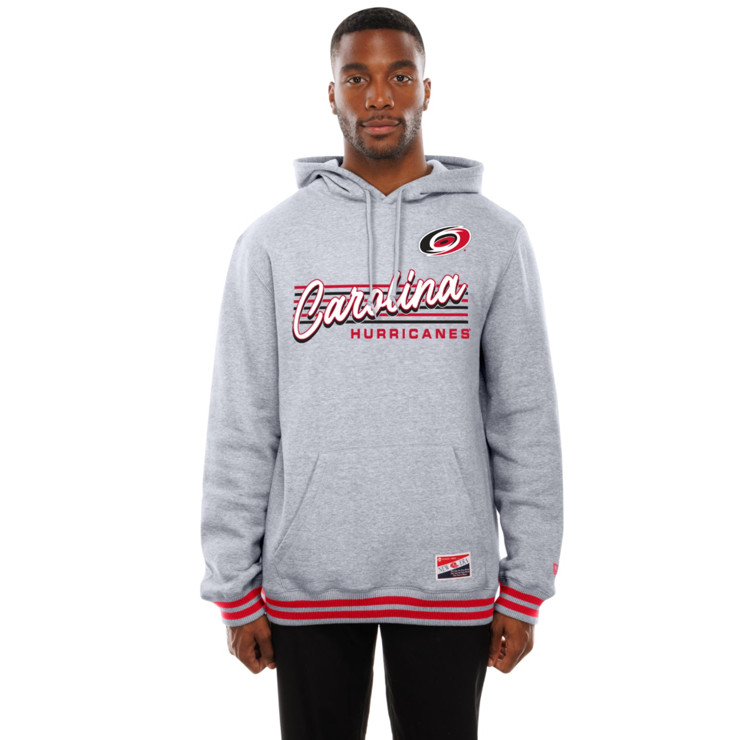 Front: Grey hoodie, "Carolina Hurricanes" graphic on chest, New Era patch at waist