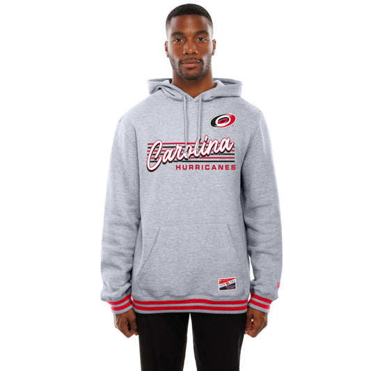Front: Grey hoodie, "Carolina Hurricanes" graphic on chest, New Era patch at waist