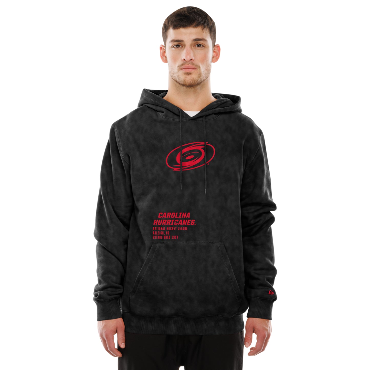 Front: Black hoodie, Tonal logo on chest, full wordmark with wording in red above front pocket