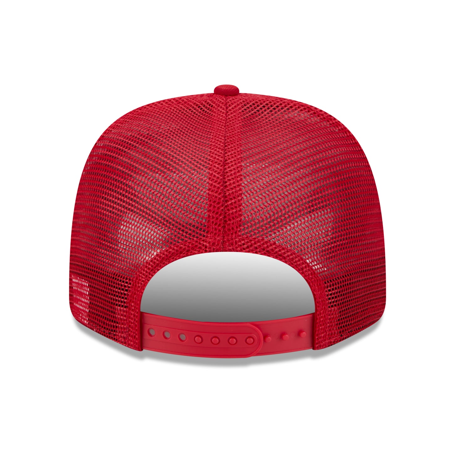 Back: Red meshback hat with red snapback straps