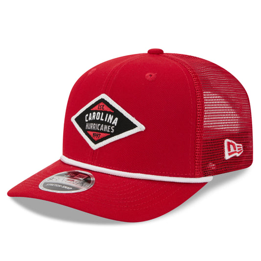 Front: Red hat, white rope on brim, diamond-shaped Carolina Hurricanes patch on front