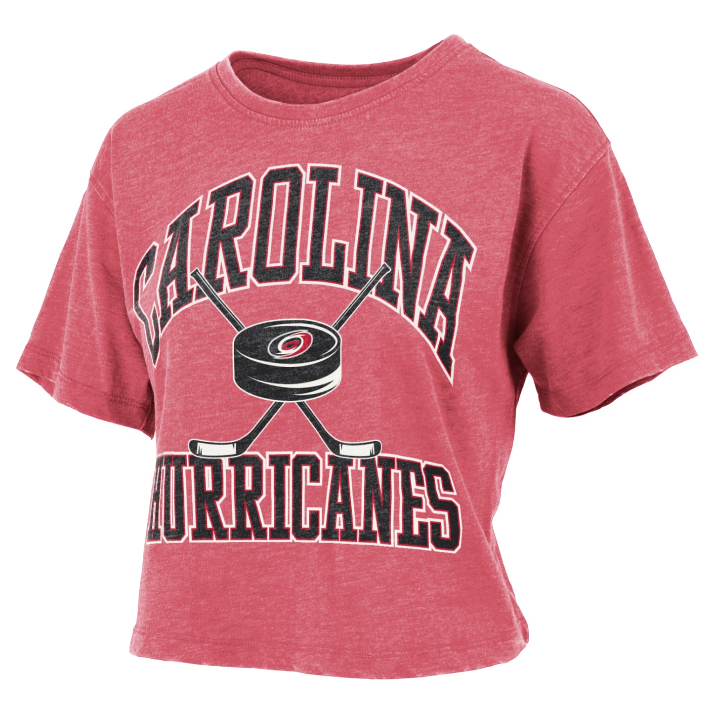 Light red tee, "Carolina Hurricanes" in black arched around crossed sticks and puck graphic