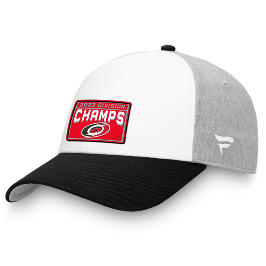 Side: White and grey hat with black brim and red 2023 Division Champs graphic on front 