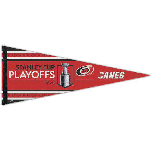 Red black and white pennant with Stanley Cup Playoffs logo and Hurricanes logo and wordmark
