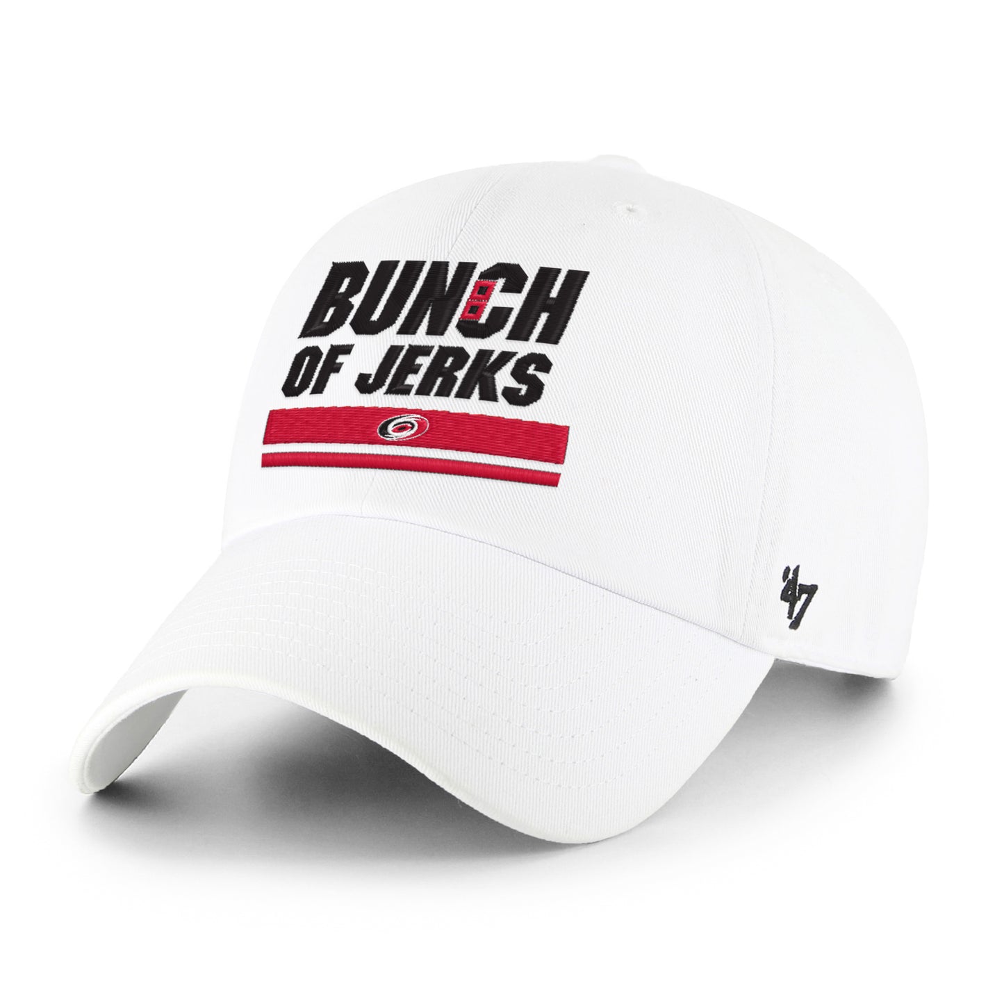 White hat with Bunch Of Jerks emblem on front and black 47 logo on side