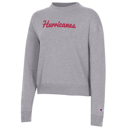 Light grey crewneck with Hurricanes in cursive in red on front 