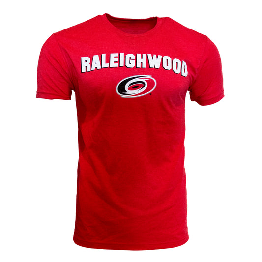 Front View: Red tee with "Raleighwood" in the font of the famous Hollywood Sign, with the Hurricanes primary logo underneath.