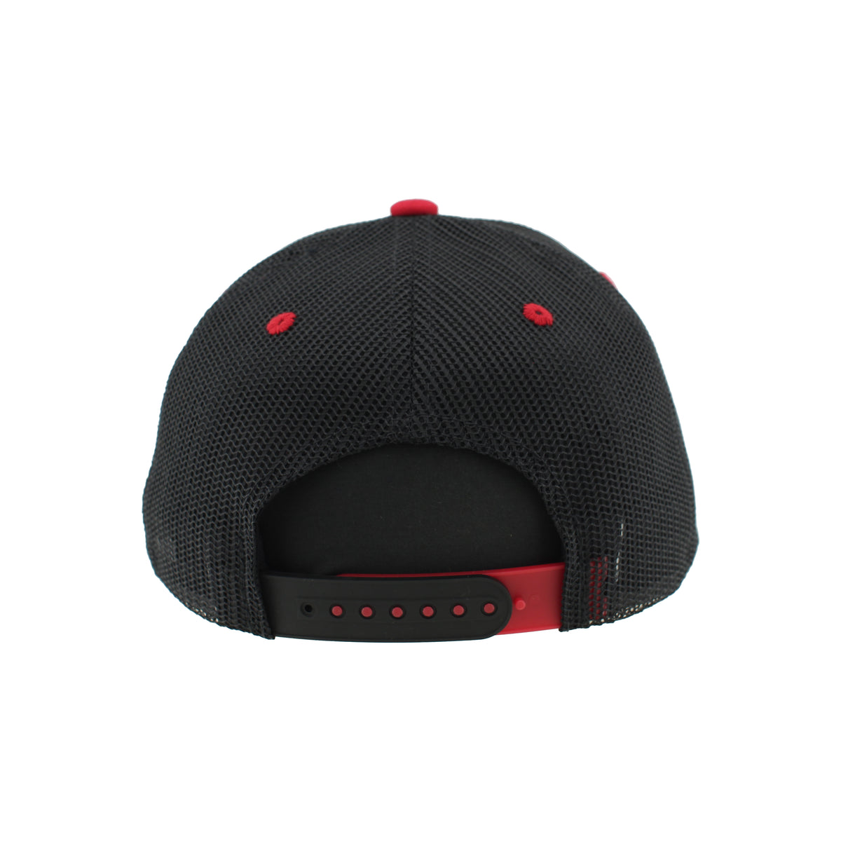 Back: Black/red snapback straps, red crown/eyelets