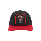 Front: Black tombstone-shaped patch with red trim,  "CANES HOHCKEY 1997" in white/red around skull wearing helmet with cross sticks