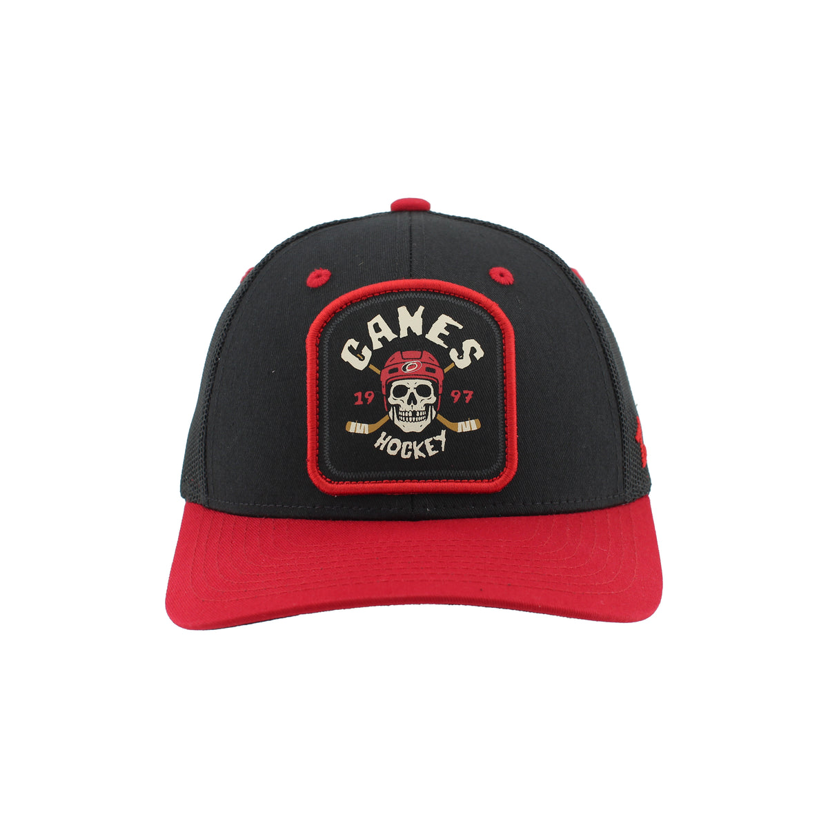 Front: Black tombstone-shaped patch with red trim,  "CANES HOHCKEY 1997" in white/red around skull wearing helmet with cross sticks