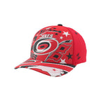 Front Left: Red hat with various Hurricanes-themed artwork on front & brim