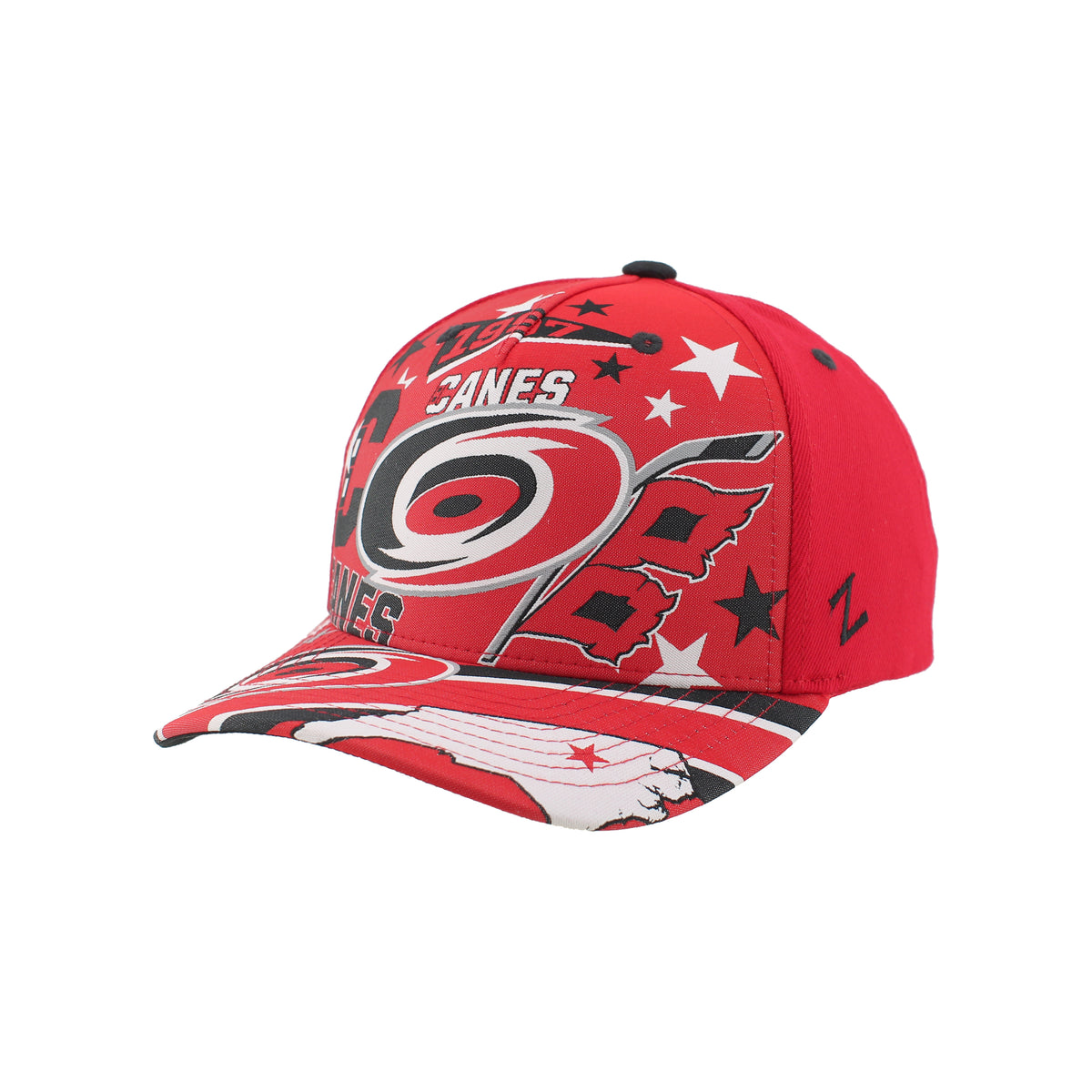 Front Left: Red hat with various Hurricanes-themed artwork on front & brim