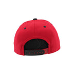 Back: Red/black snapback adjustable straps; black crown/eyelets