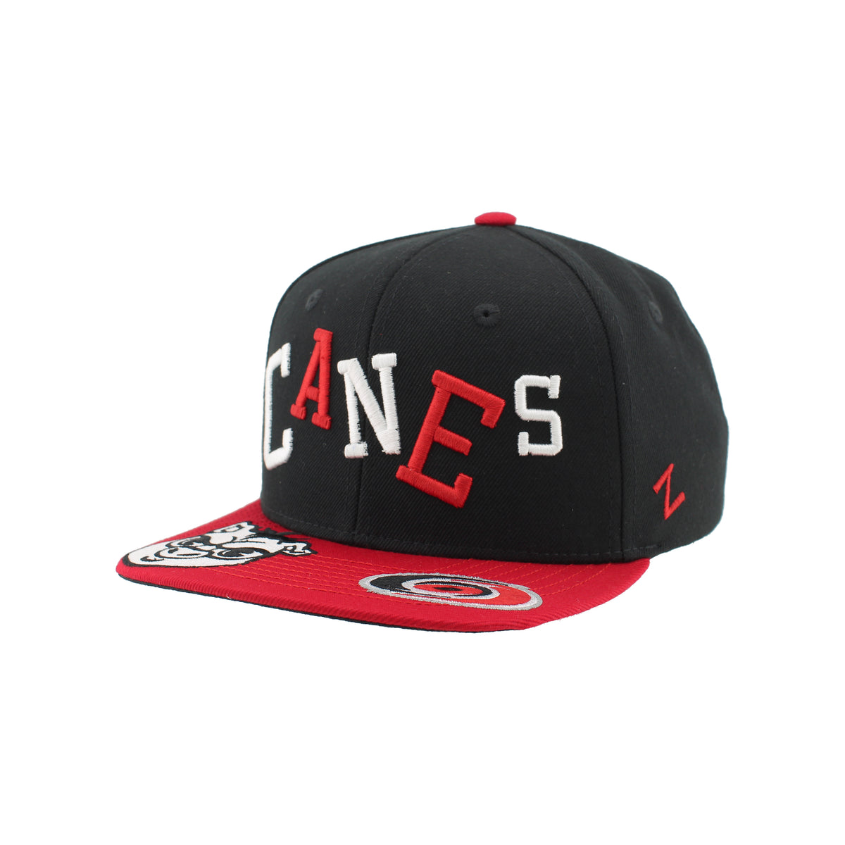 Front Left: Black hat, red brim, Canes artwork on front of hat and brim