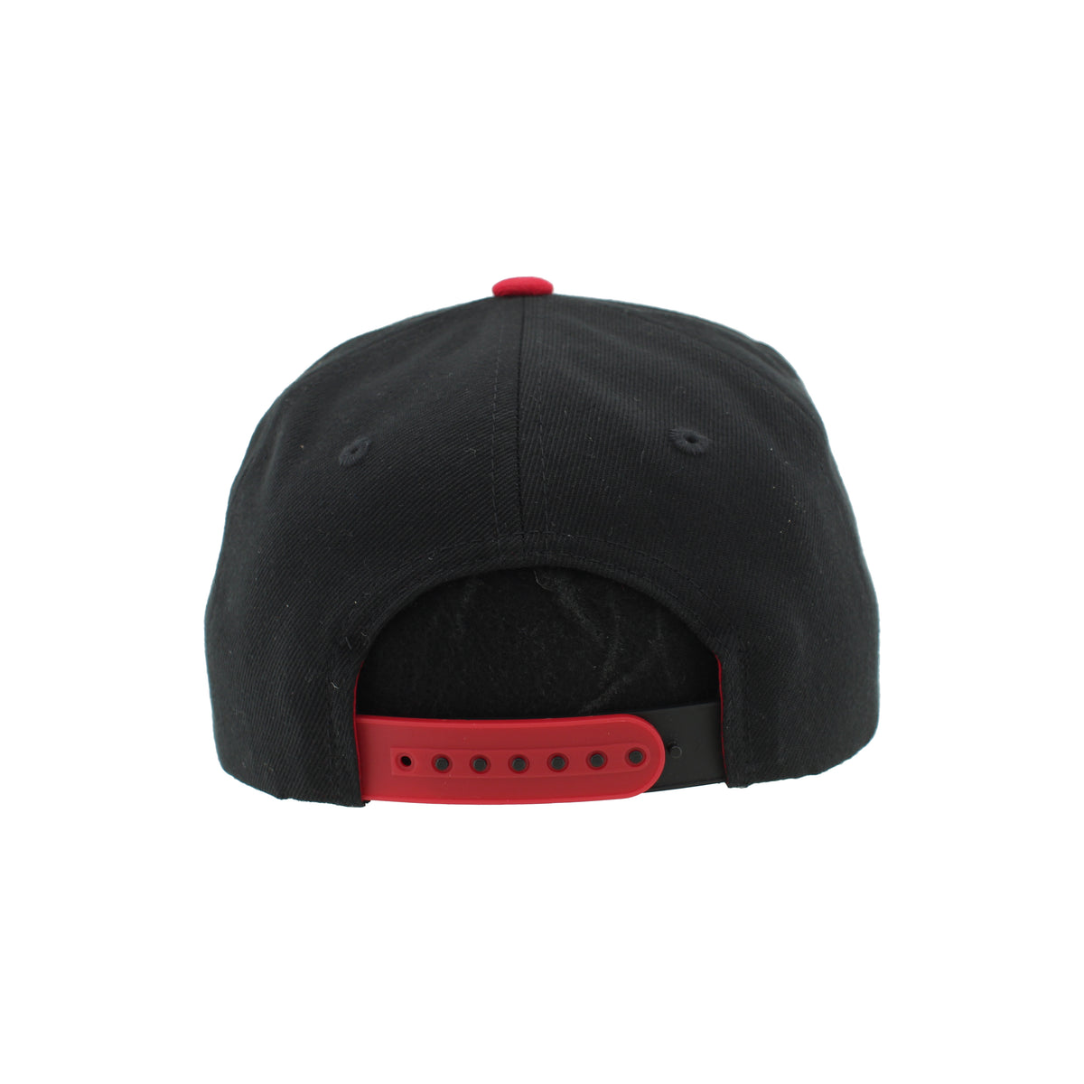 Back: Red/black snapback straps; red crown, black eyelets