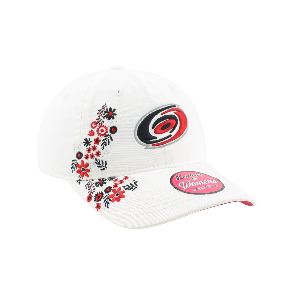 Front Right: White hat, Primary logo on front, floral pattern on right side/brim