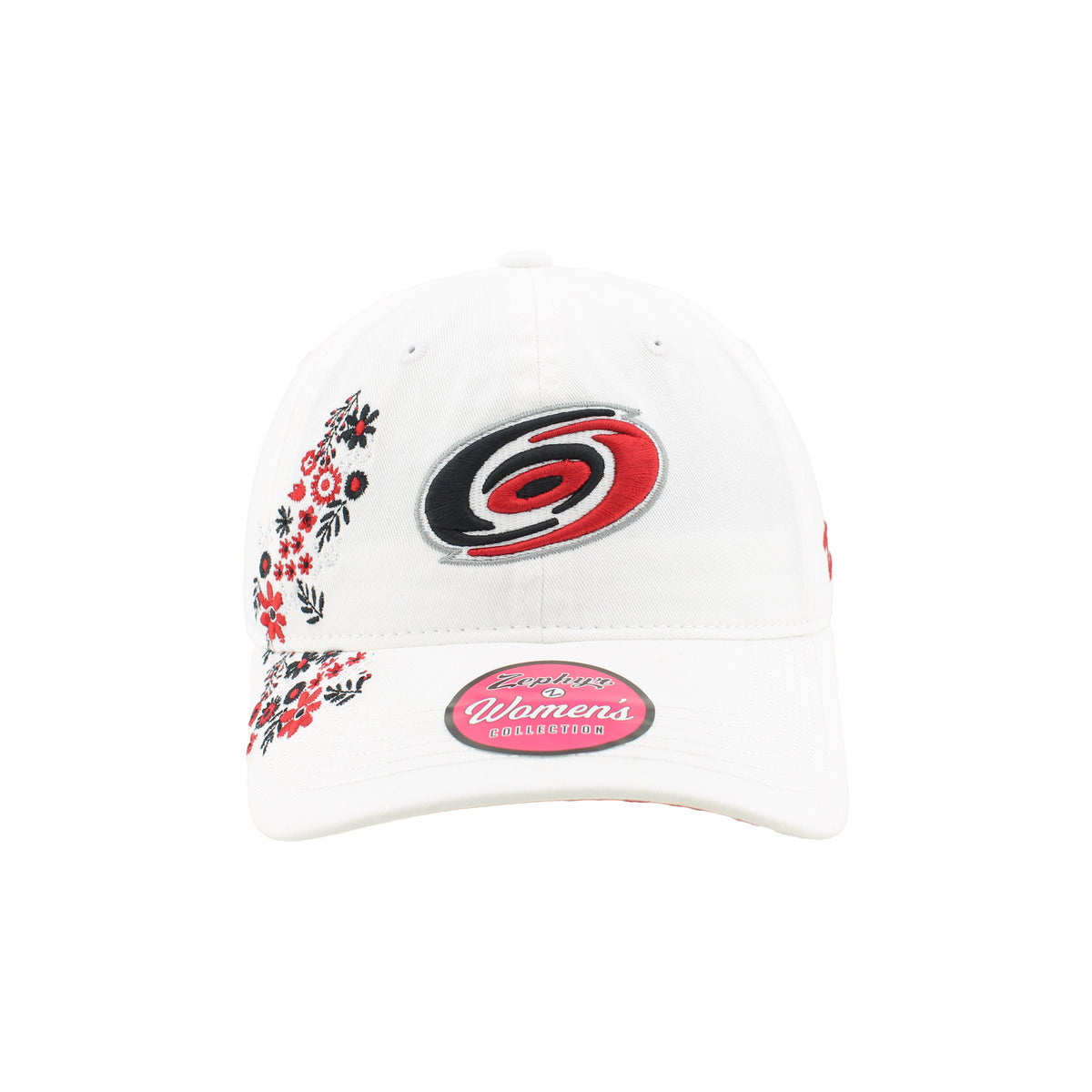 Front: Primary logo on front, red/black/white floral pattern to right of logo & on brim