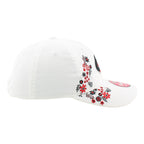 Right: Red/black/white floral pattern on front right side and right side of brim