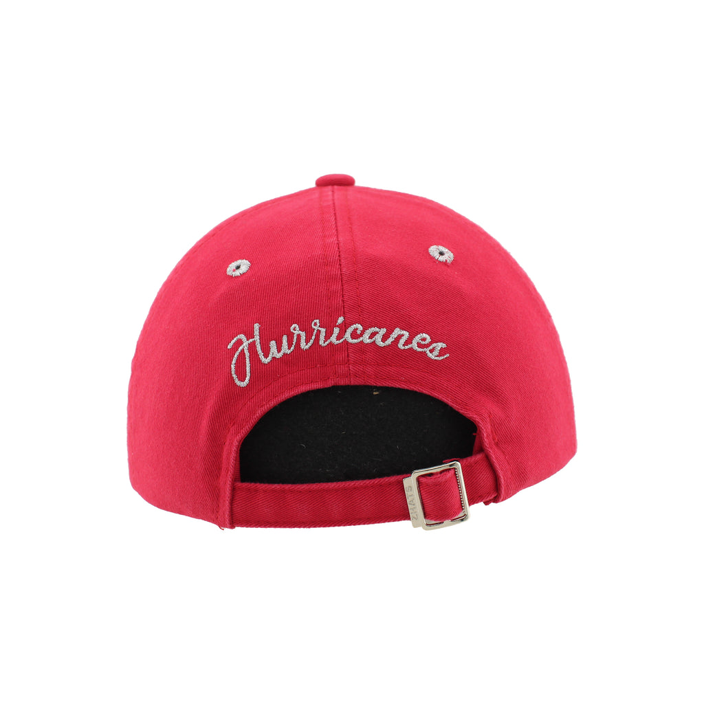 Back: Red adjustable strap with metal clasp, "Hurricanes" in silver cursive above strap