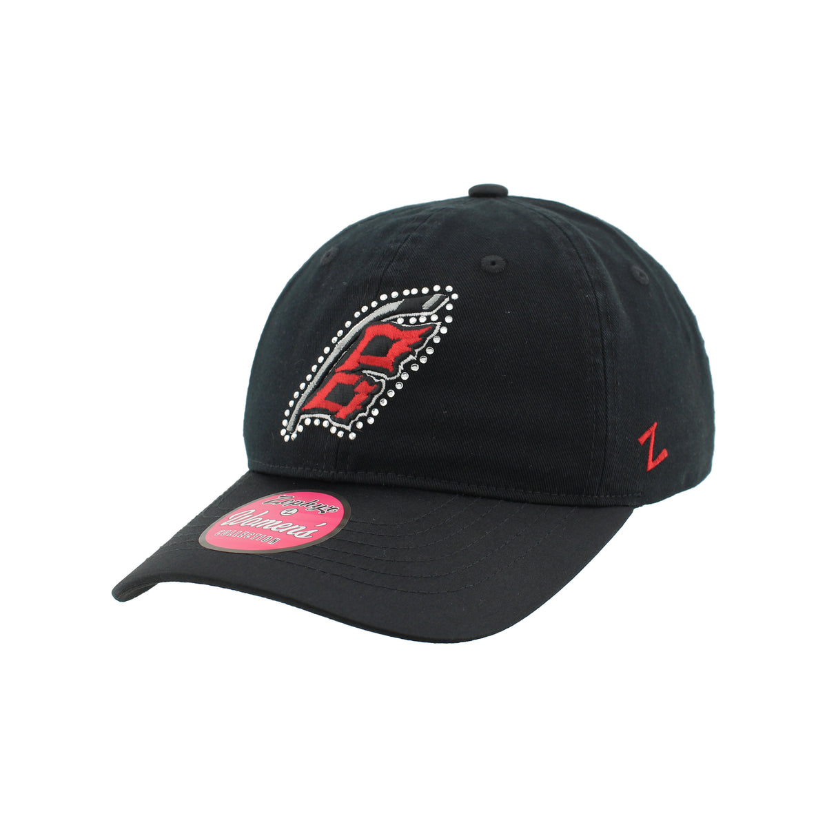 Front Left: Black hat, Flags logo on front with gemstones outlining logo