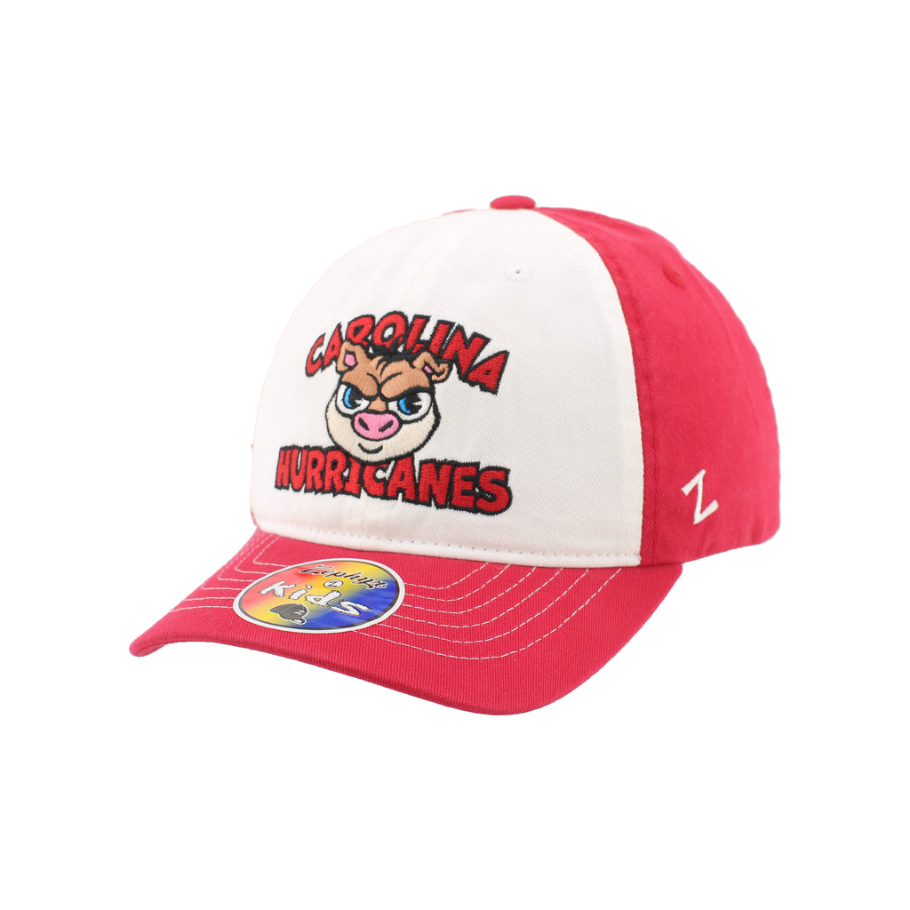 Front Left: White hat; red back/brim; "CAROLINA HURRICANES" with cartoon Stormy on front
