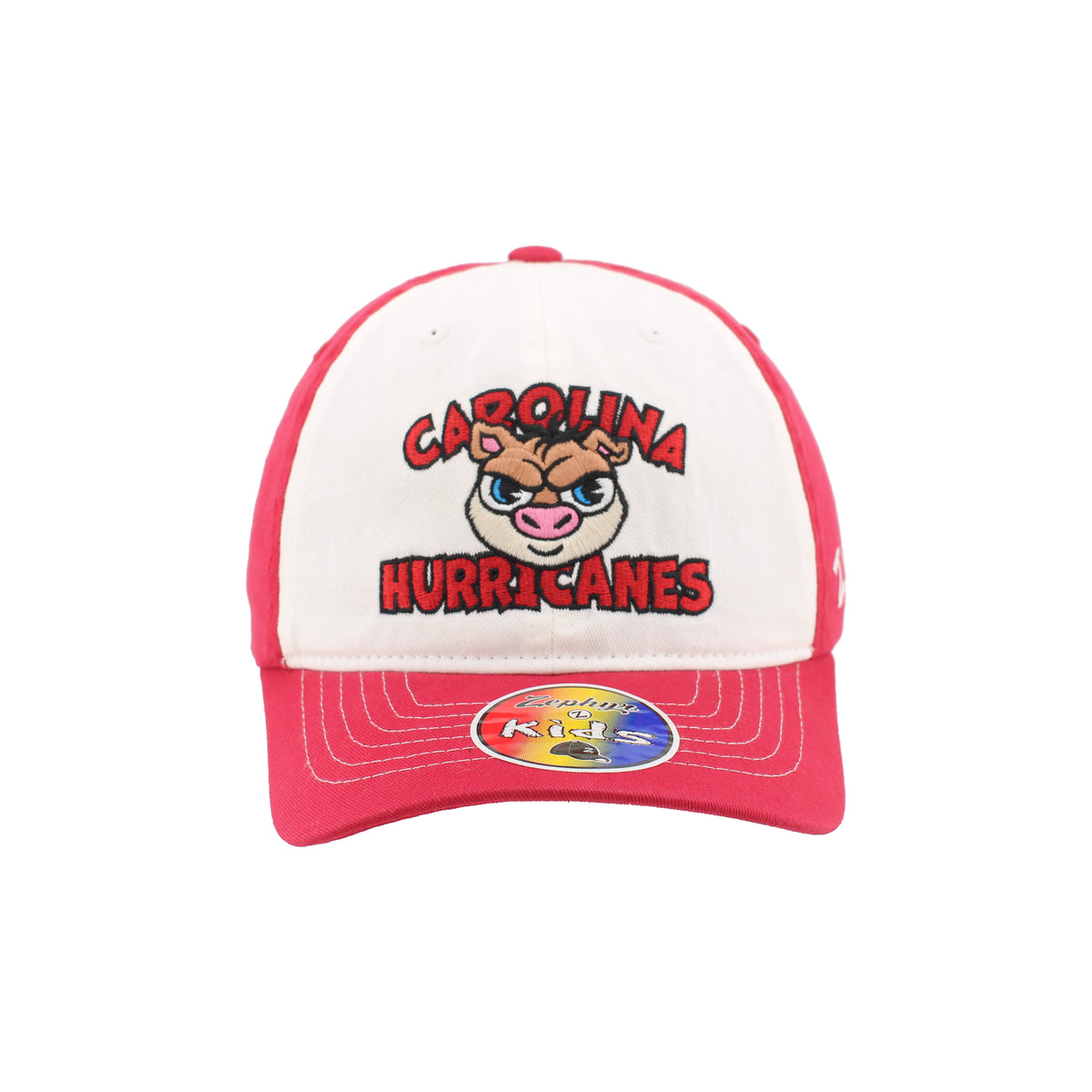 Front: Cartoon Stormy face in middle, "CAROLINA HURRICANES" in red around face