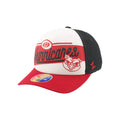 Front Left: White hat, black backing, red brim, artwork featuring Cartoon Stormy on front