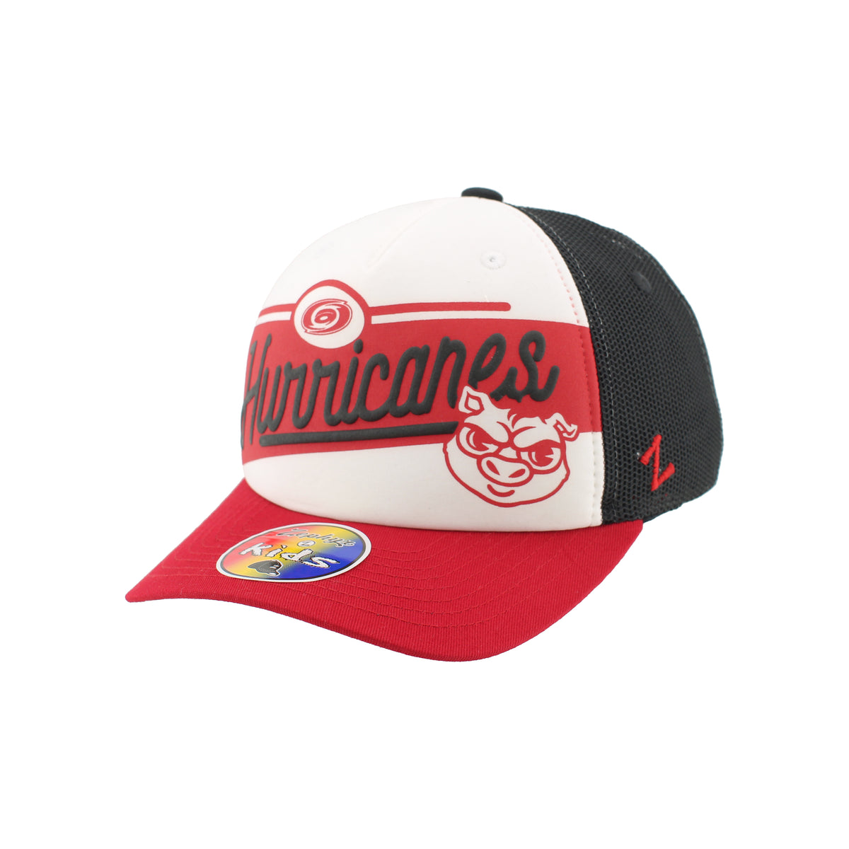 Front Left: White hat, black backing, red brim, artwork featuring Cartoon Stormy on front