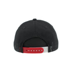 Back: Black backing, red/white snapback adjustable straps