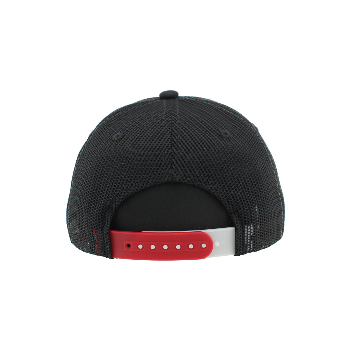 Back: Black backing, red/white snapback adjustable straps